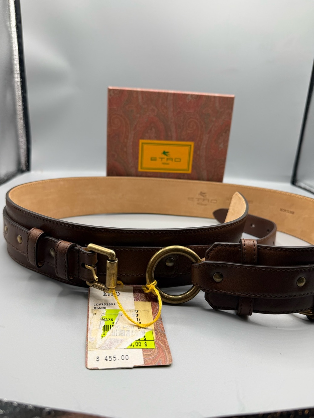 Etro Dark Brown Leather Men's Belt with Brass Ring Buckle